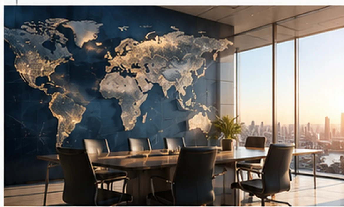 Contemporary executive meeting space with a global design motif